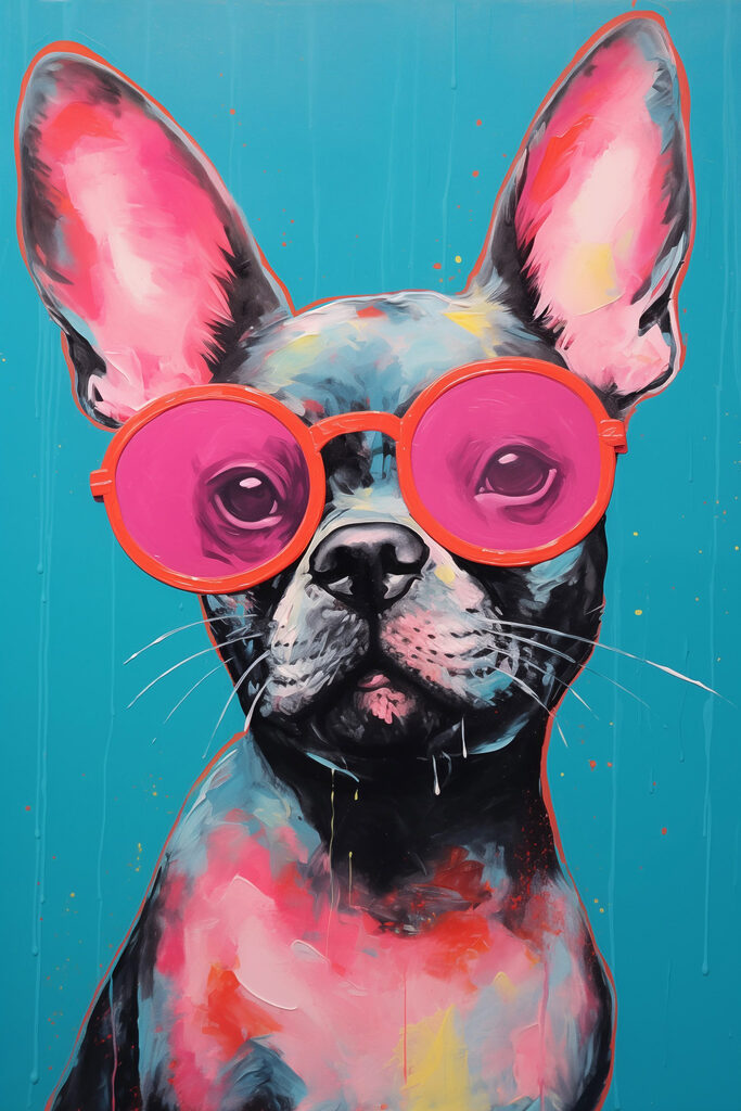 Painting of a dog wearing pink sunglasses