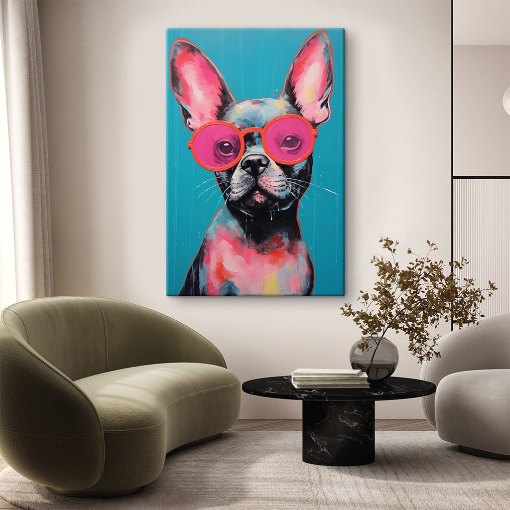 Painting of a dog wearing pink sunglasses
