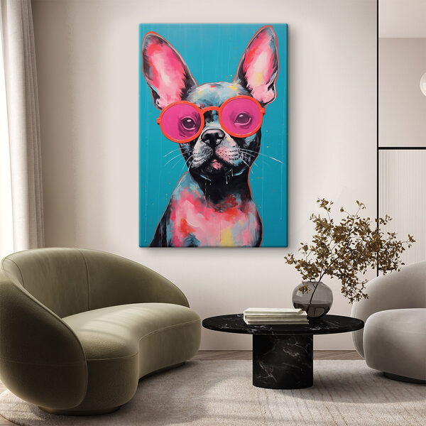 Painting of a dog wearing pink sunglasses