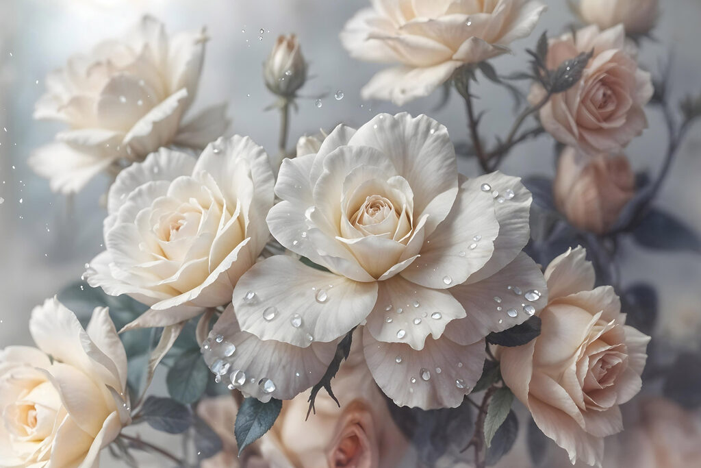 Group of white roses with water drops Group of white roses with water drops