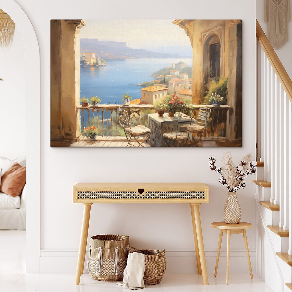 Painting of a balcony overlooking a body of water Painting of a balcony overlooking a body of water