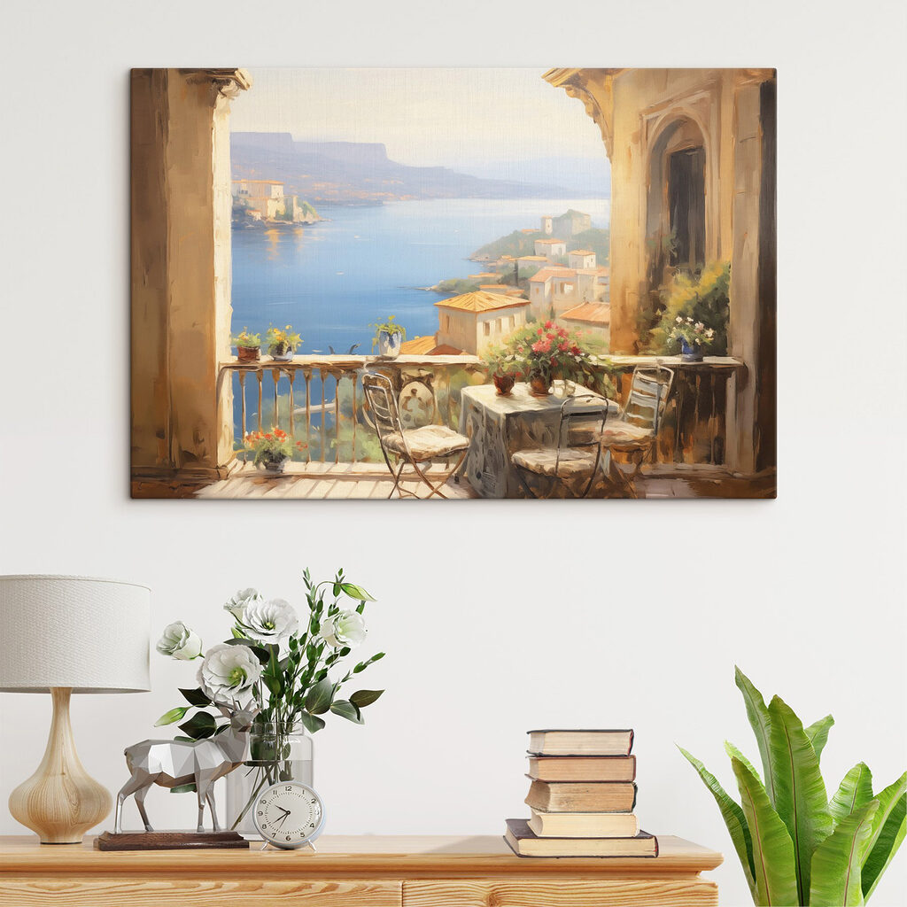 Painting of a balcony overlooking a body of water Painting of a balcony overlooking a body of water