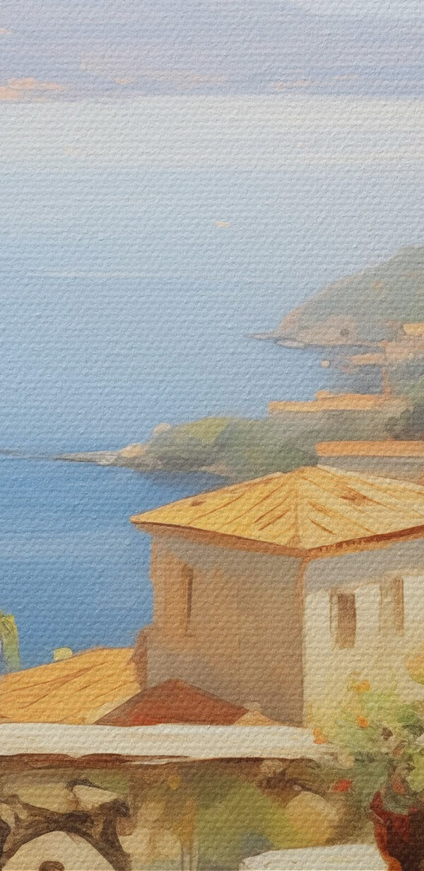 Painting of a balcony overlooking a body of water Painting of a balcony overlooking a body of water