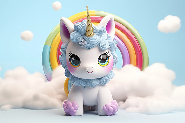 Unicornio de juguete con un arco iris de fondo Unicornio de juguete con un arco iris de fondo