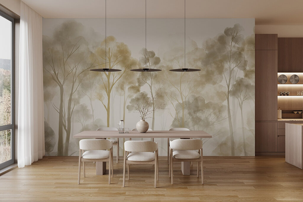 Group of trees in a foggy forest Group of trees in a foggy forest