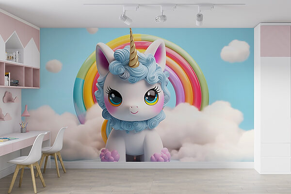 Unicornio de juguete con un arco iris de fondo Unicornio de juguete con un arco iris de fondo