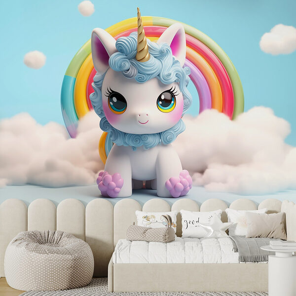 Unicornio de juguete con un arco iris de fondo Unicornio de juguete con un arco iris de fondo
