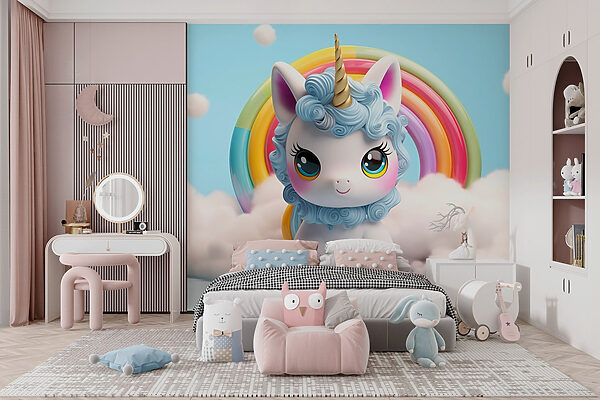 Unicornio de juguete con un arco iris de fondo Unicornio de juguete con un arco iris de fondo
