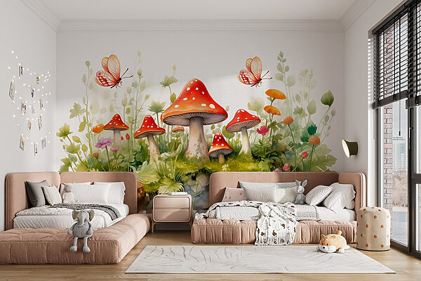 Fotomurales Fotomurales Pintura de setas y mariposas (SKU: w08854)