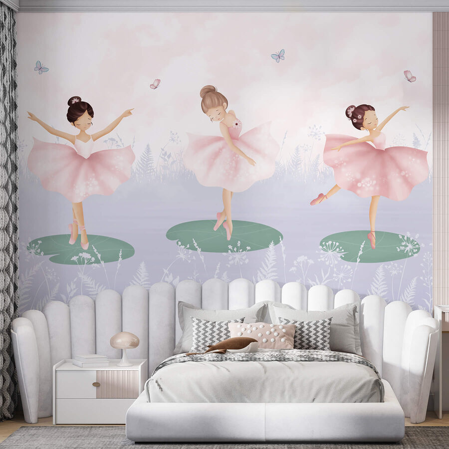 Group of girls in tutu skirts dancing on lily pads Group of girls in tutu skirts dancing on lily pads