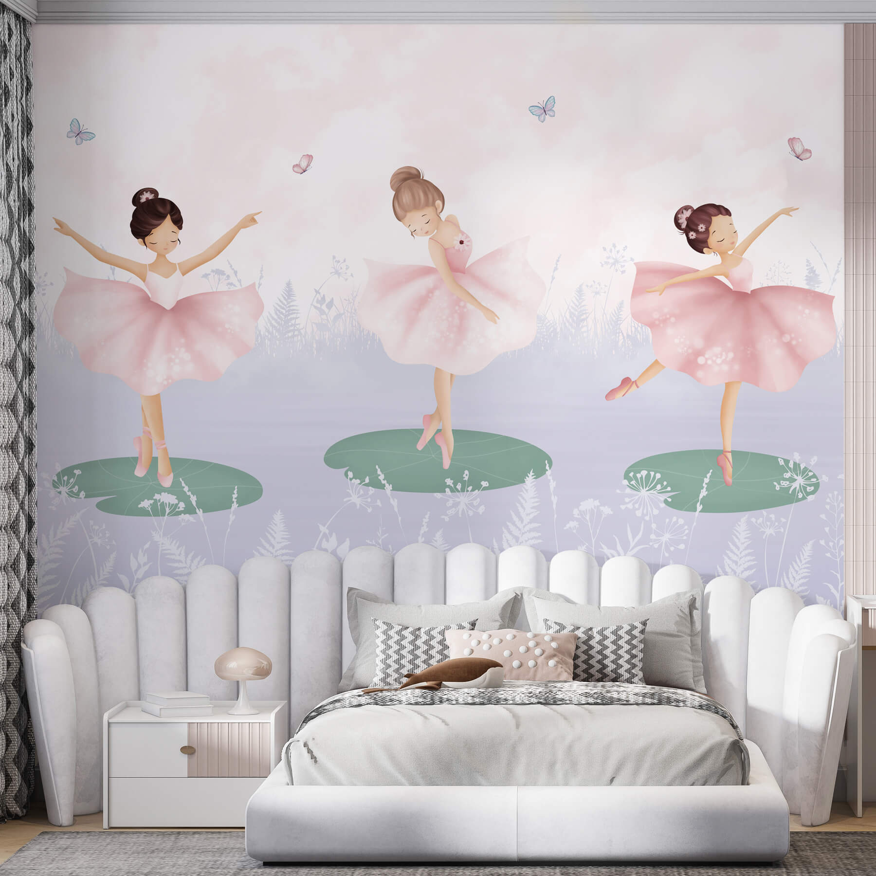 Group of girls in tutu skirts dancing on lily pads