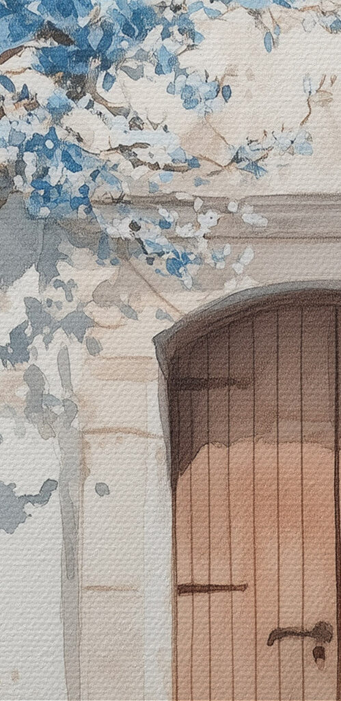 Watercolor painting of a house with a tree and a door Watercolor painting of a house with a tree and a door