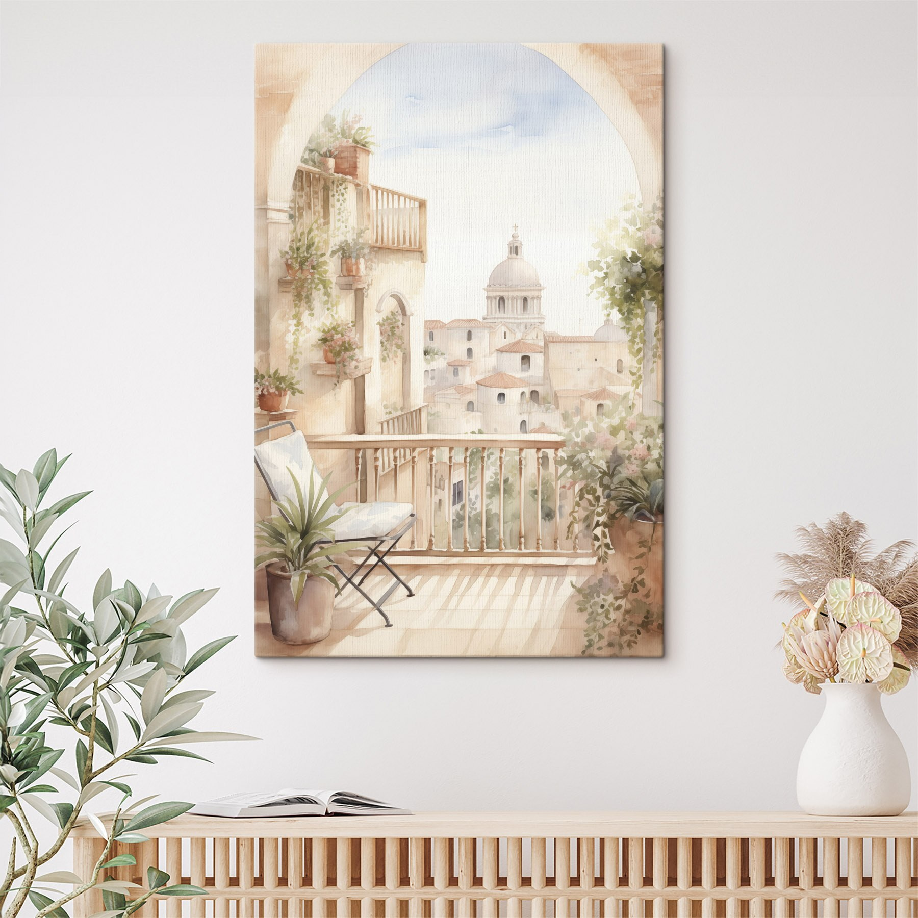 Watercolor painting of a balcony with a view of a city