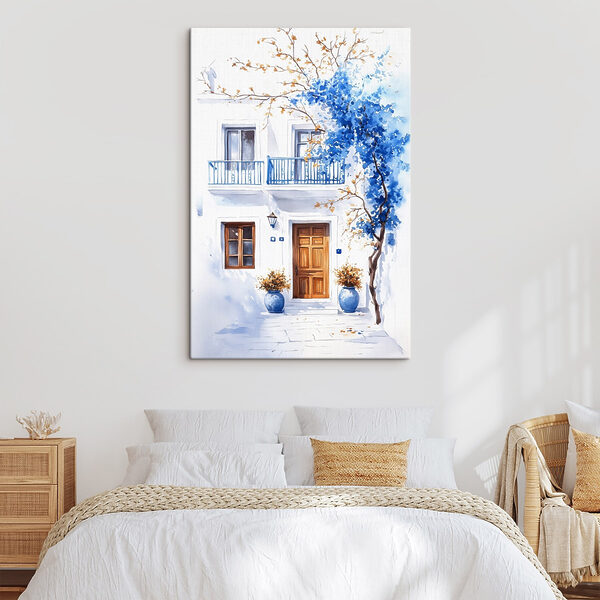 Cuadros Acuarela de un edificio con balcón y flores azules (SKU: s43183) Cuadros Cuadros Acuarela de un edificio con balcón y flores azules (SKU: s43183)