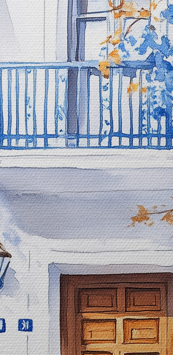 Watercolor painting of a building with a balcony and blue flowers
