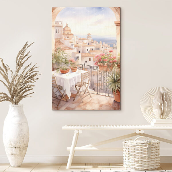 Cuadros Acuarela de una mesa y unas sillas en un balcón con vistas a la ciudad (SKU: s43184) Cuadros Cuadros Acuarela de una mesa y unas sillas en un balcón con vistas a la ciudad (SKU: s43184)