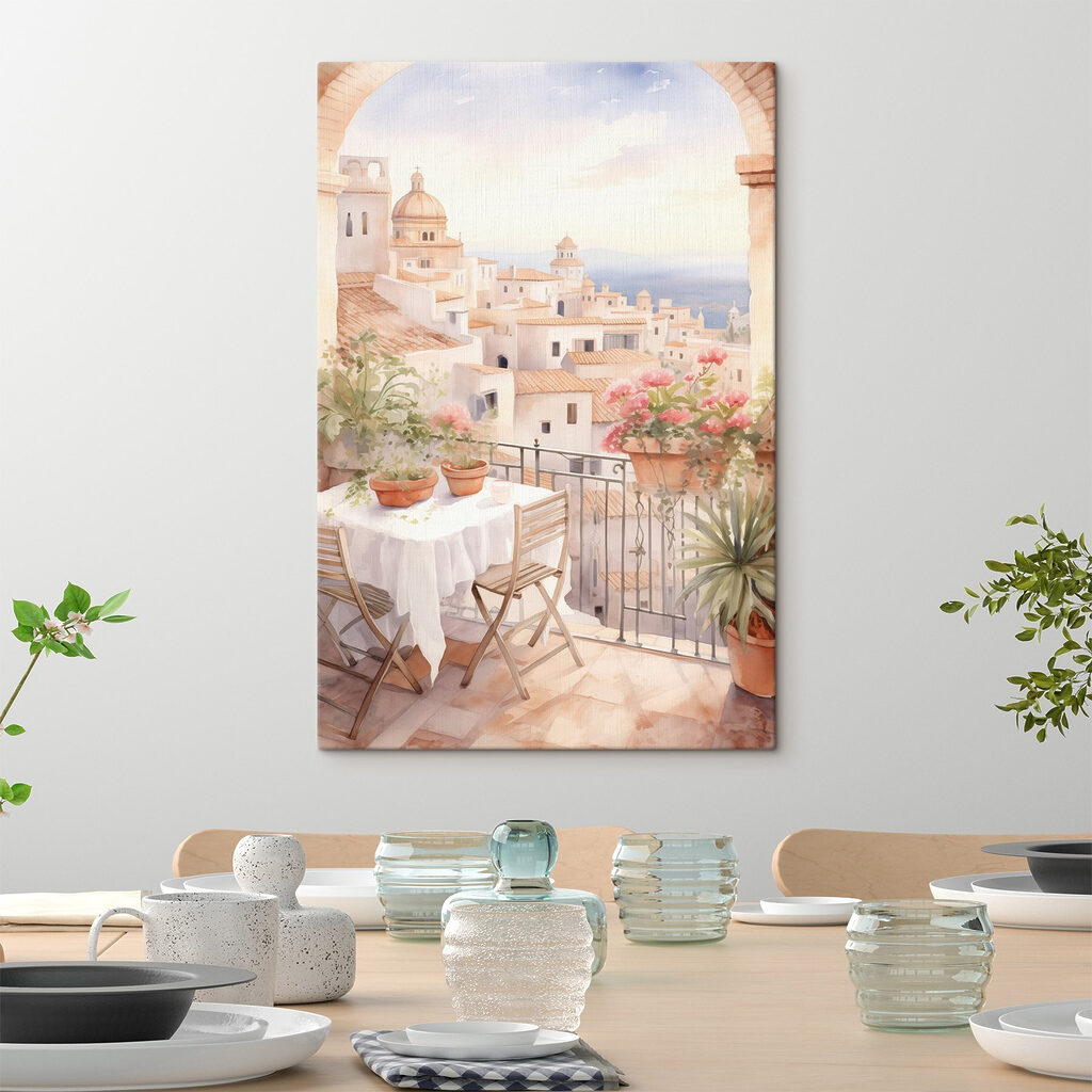 Watercolor painting of a table and chairs on a balcony overlooking a city