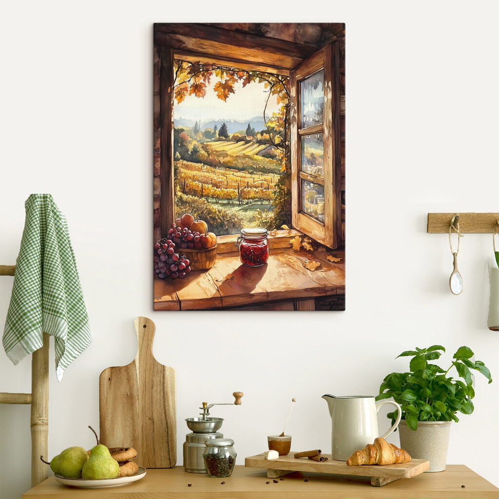 Window with a view of a vineyard and a jar of jam Window with a view of a vineyard and a jar of jam