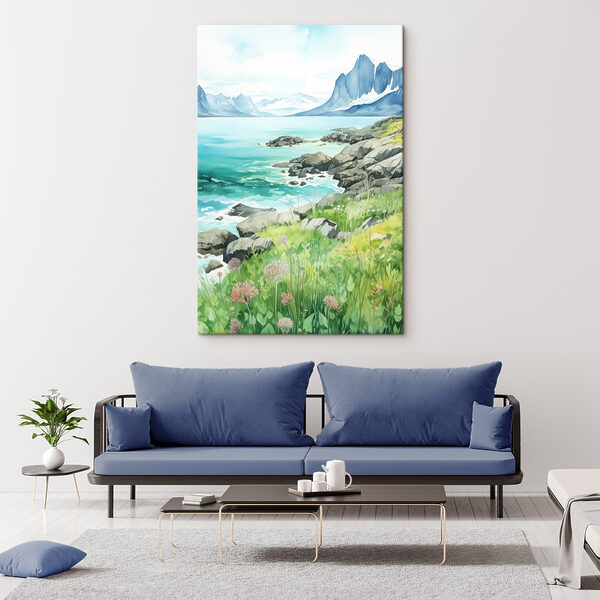 Cuadros Acuarela de una costa rocosa con montañas y un cielo azul (SKU: s43188) Cuadros Cuadros Acuarela de una costa rocosa con montañas y un cielo azul (SKU: s43188)