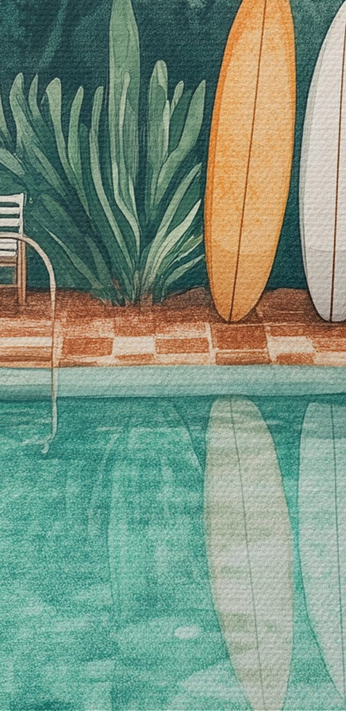Pool with chairs and surfboards in the middle Pool with chairs and surfboards in the middle