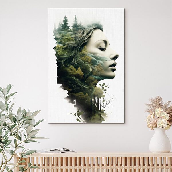 Cuadros Rostro de mujer con árboles y nubes