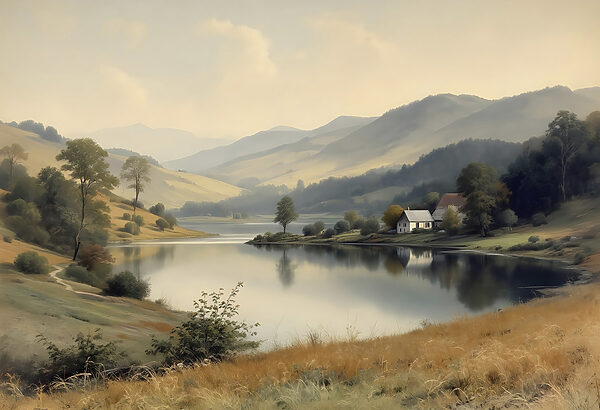 Lake with a house and trees