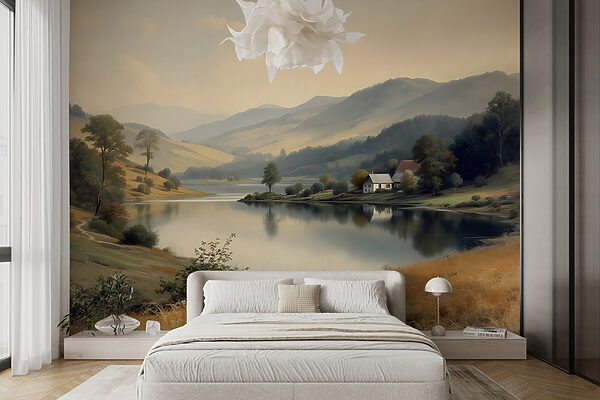 Lake with a house and trees