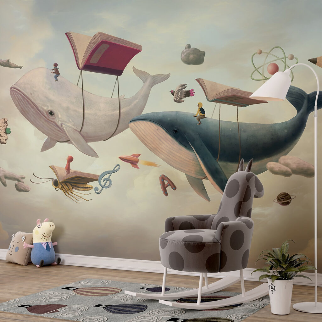 Whale and whale with books and a book on them