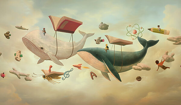 Ballena y ballena con libros y un libro sobre ella Ballena y ballena con libros y un libro sobre ella