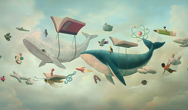Ballena y ballena con libros y un libro sobre ellas Ballena y ballena con libros y un libro sobre ellas