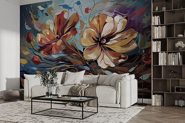 Pintura de flores sobre fondo azul Pintura de flores sobre fondo azul
