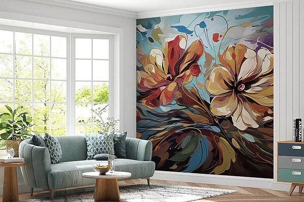 Pintura de flores sobre fondo azul Pintura de flores sobre fondo azul