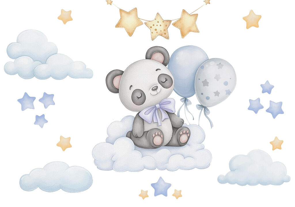 Cartoon panda sitting on a cloud with balloons