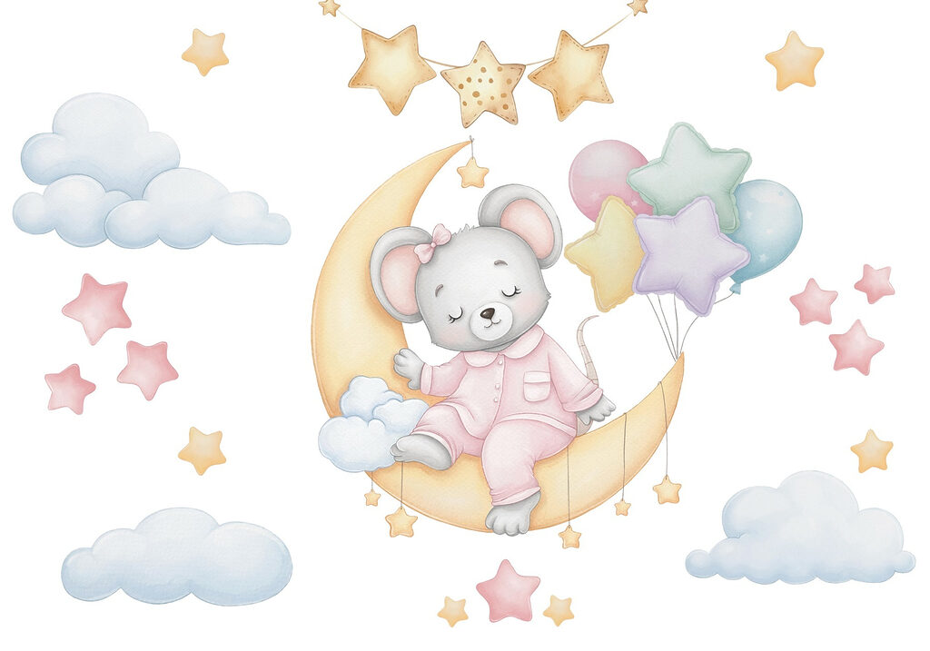 Ratón sentado en la luna con globos Ratón sentado en la luna con globos