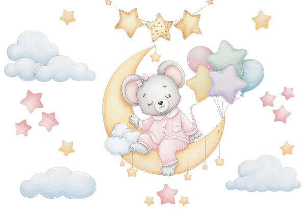 Ratón sentado en la luna con globos Ratón sentado en la luna con globos