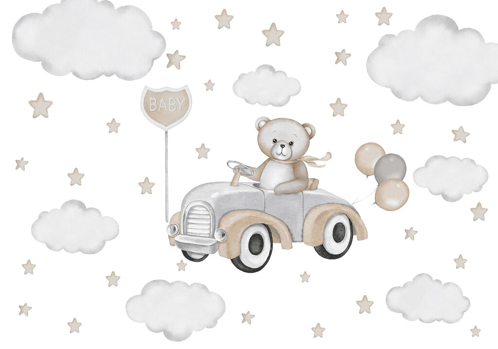 Osito de peluche conduciendo un coche con globos Osito de peluche conduciendo un coche con globos
