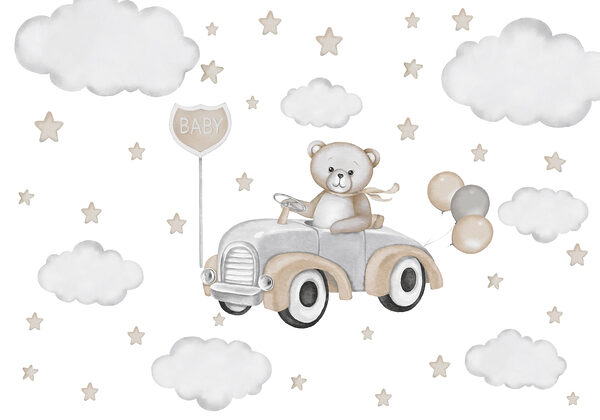 Osito de peluche conduciendo un coche con globos Osito de peluche conduciendo un coche con globos