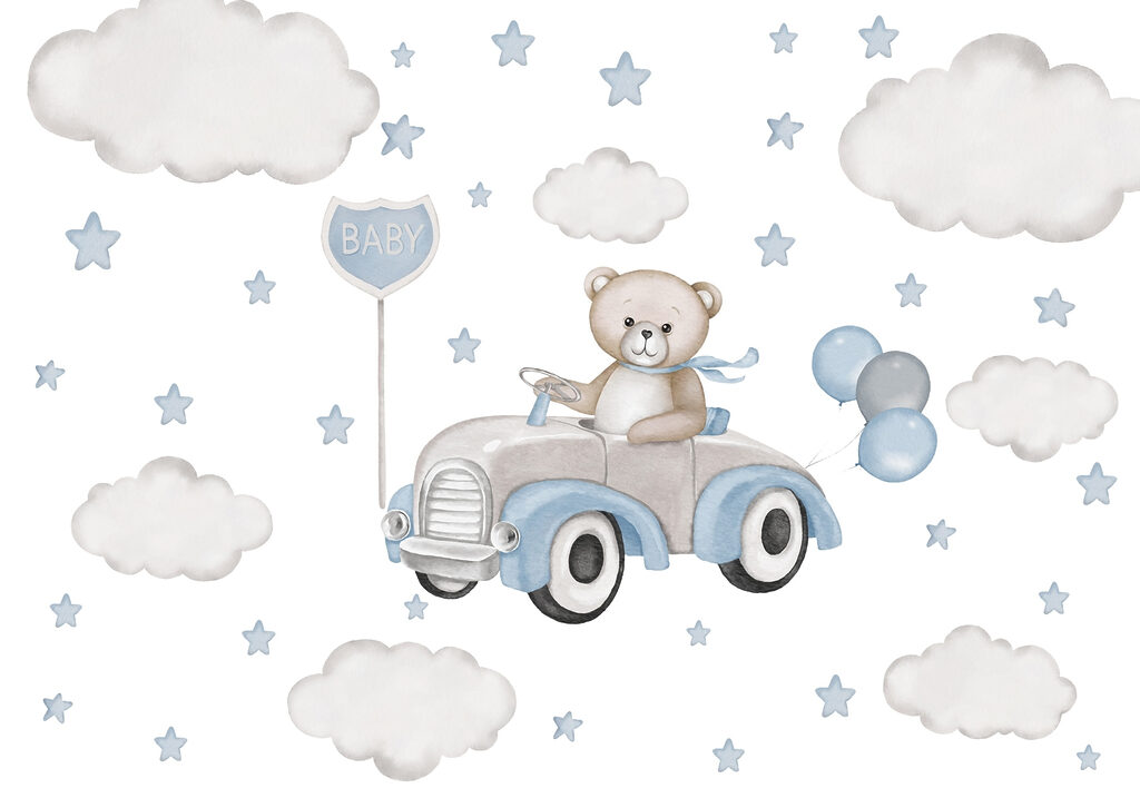 Osito de peluche conduciendo un coche con globos Osito de peluche conduciendo un coche con globos
