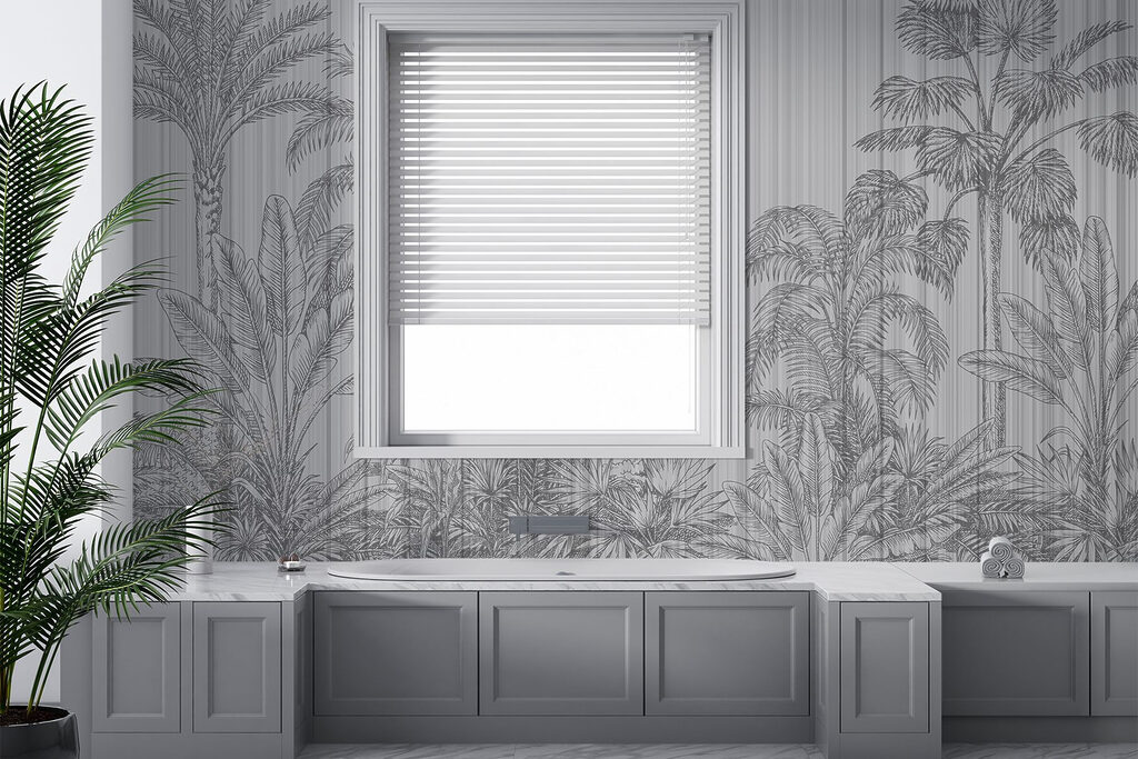 Grey and white background with palm trees