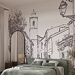 Fotomurales Dibujo de una calle con edificios y un campanario