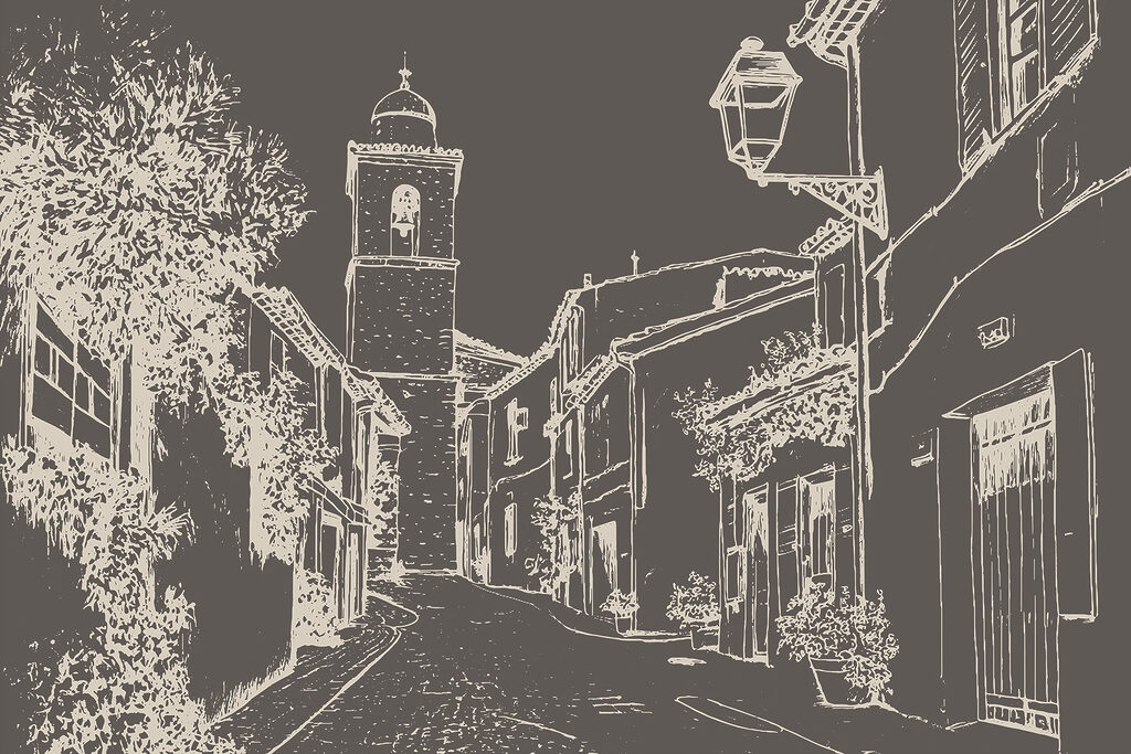 Dibujo de una calle con edificios y un campanario Dibujo de una calle con edificios y un campanario