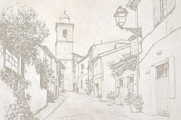 Drawing of a street with a bell tower