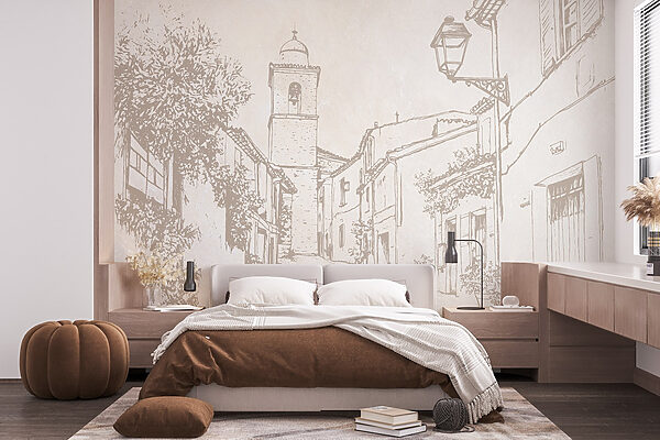 Fotomurales Fotomurales Dibujo de una calle con un campanario (SKU: w03346)