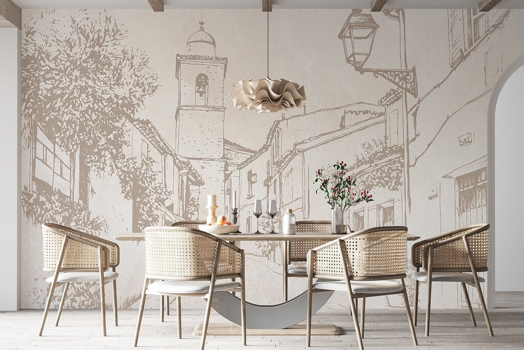 Drawing of a street with a bell tower