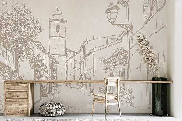 Drawing of a street with a bell tower