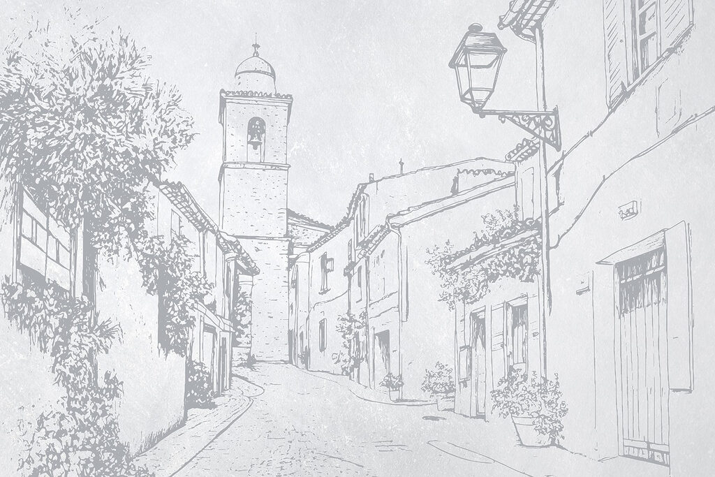 Dibujo de una calle con un campanario Dibujo de una calle con un campanario