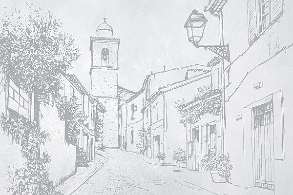 Dibujo de una calle con un campanario Dibujo de una calle con un campanario