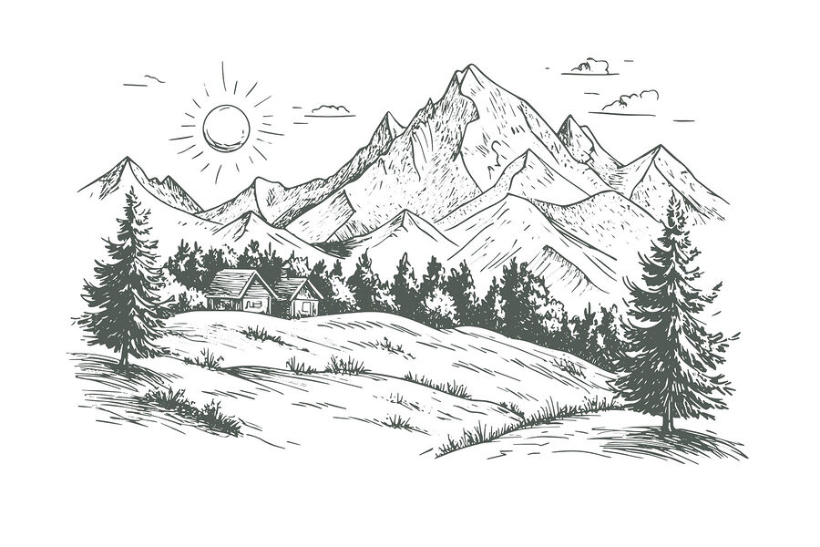 Paisaje con árboles y una casa