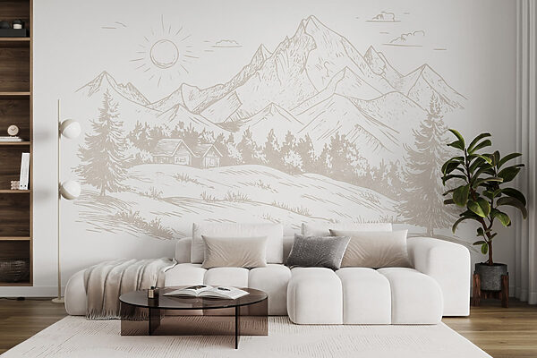 Dibujo de un paisaje con montañas y árboles Dibujo de un paisaje con montañas y árboles
