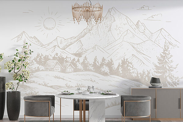 Dibujo de un paisaje con montañas y árboles Dibujo de un paisaje con montañas y árboles
